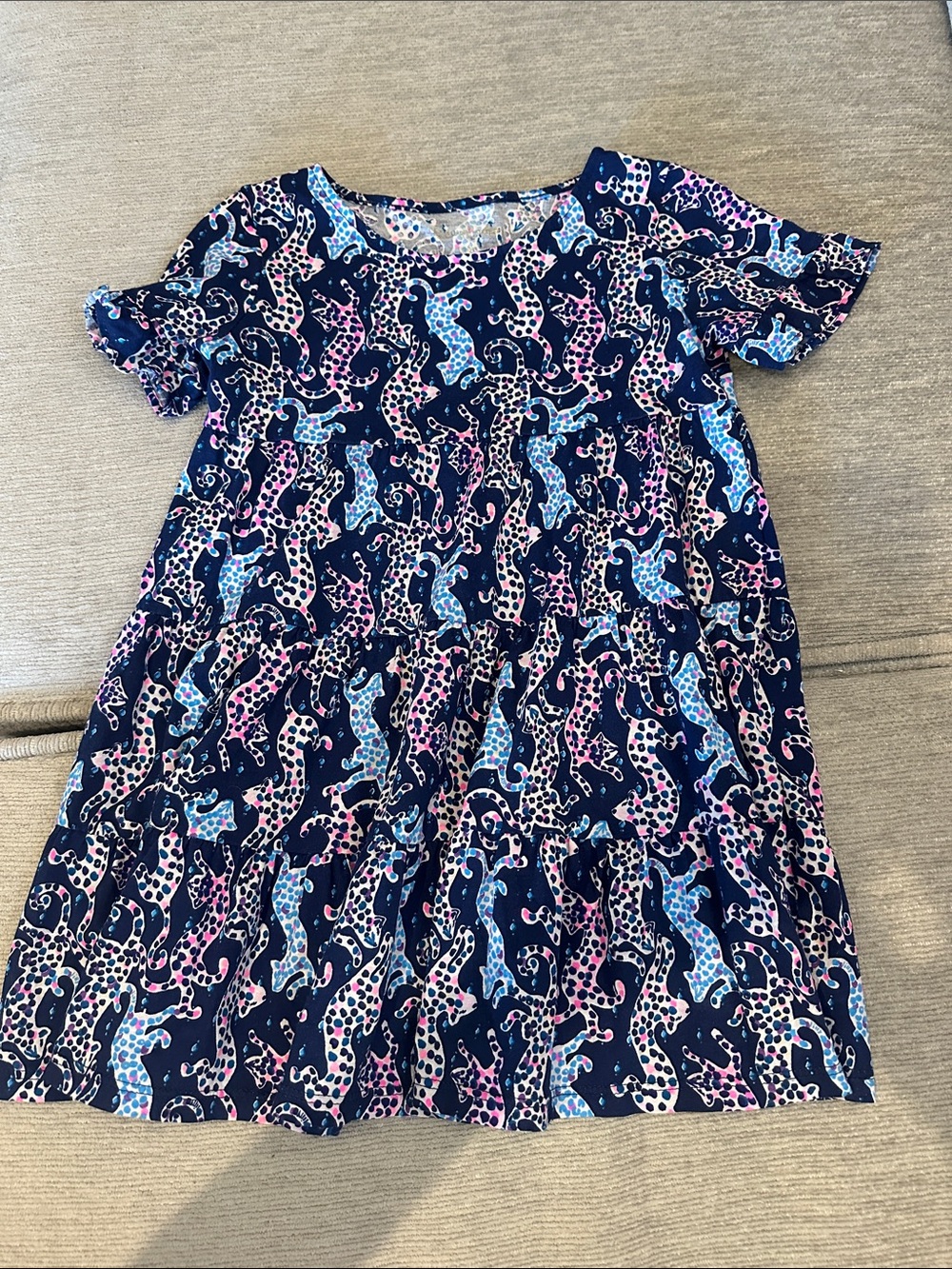Lilly Pulitzer Navy Geanna Kids Dress with Pink & Light Blue cheetah Print